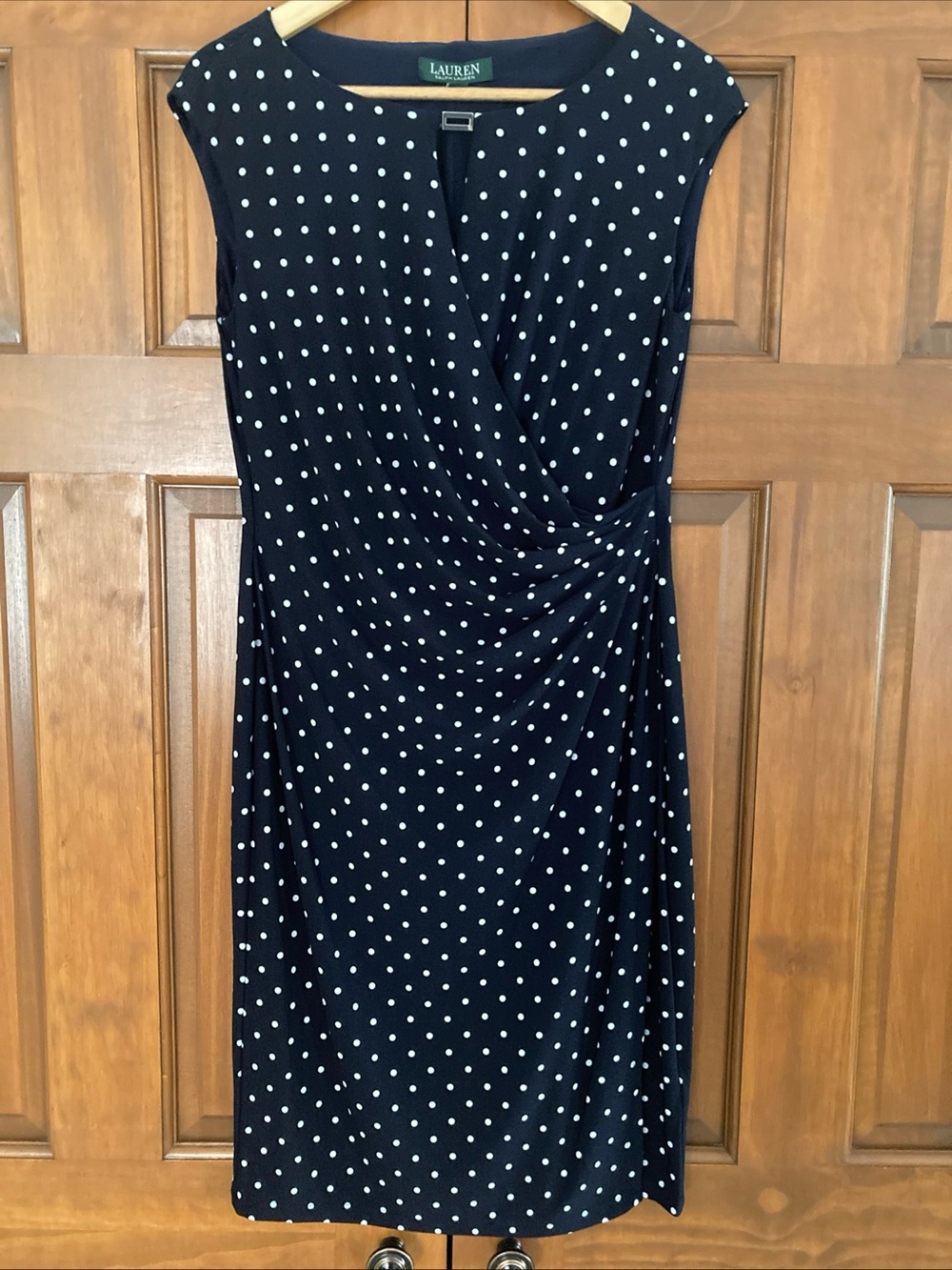 Lauren Ralph Lauren Navy and White Polka Dot faux wrap ruching Dress size 10